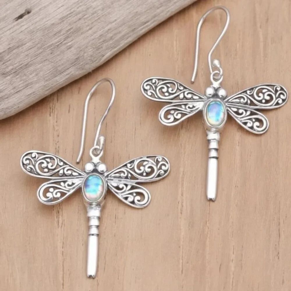 NWT Dragonfly Earrings Rainbow Faux Moonstone Bohemian